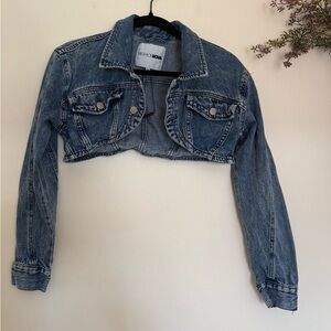Y2K super cropped  Distressed Blue Denim Jacket-Medium- Hilton/ Paris
